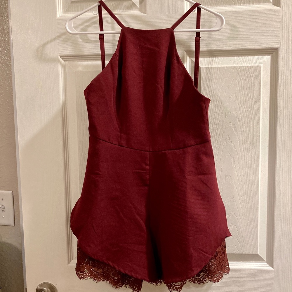 High neck maroon romper with lace detail